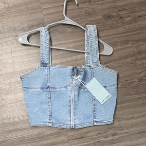 Light Blue Denim Zip-Front Crop Top